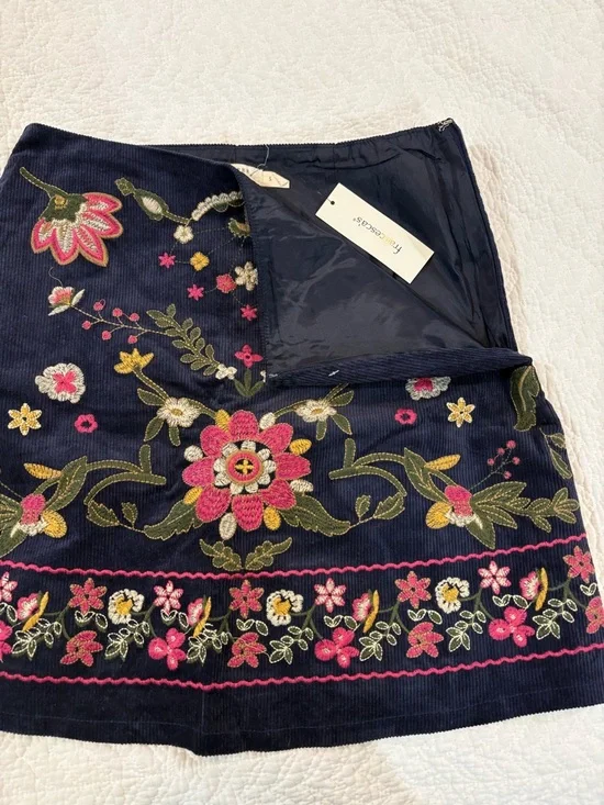 Navy Mini Skirt with Pink & Green Floral Embroidery - Picture 4 of 9